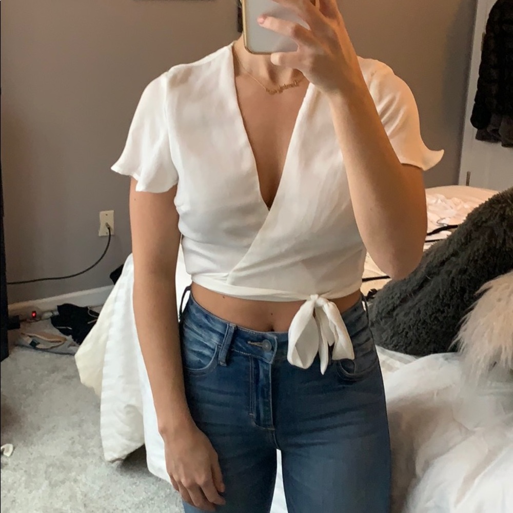 White silk wrap crop top
